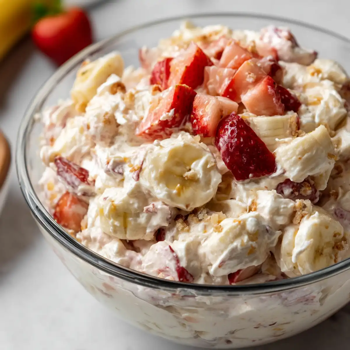 A glass bowl filled with strawberry banana cheesecake salad, showing layers of fresh sliced bananas, chopped strawberries, and a creamy whipped filling.