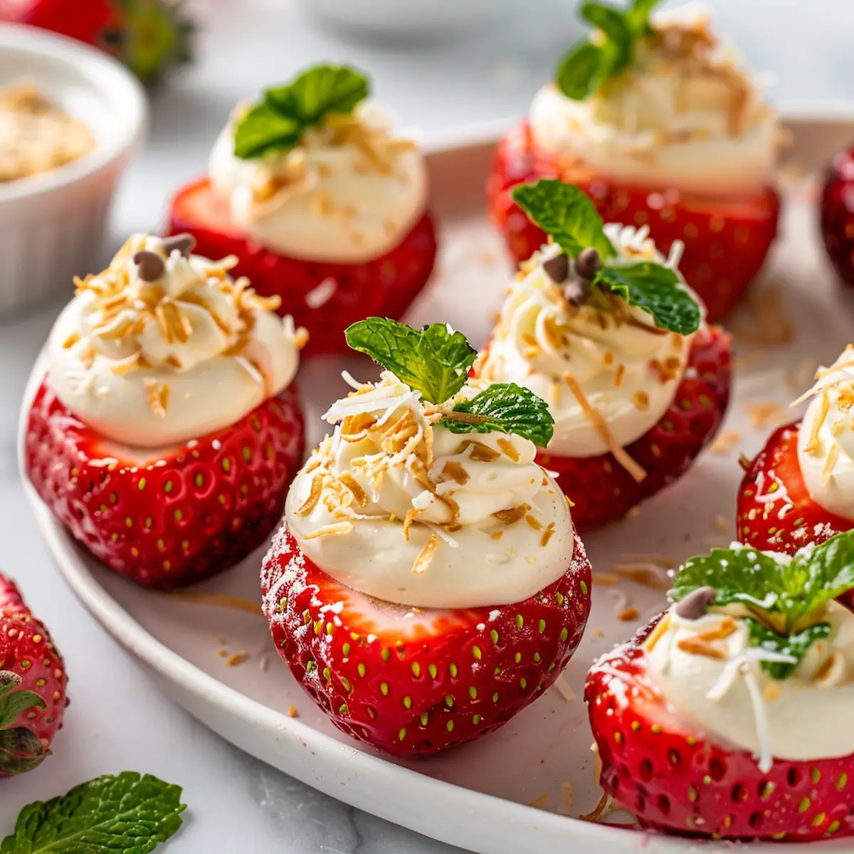 Close-up of cheesecake deviled strawberries topped with cookie crumbs on a white platter.