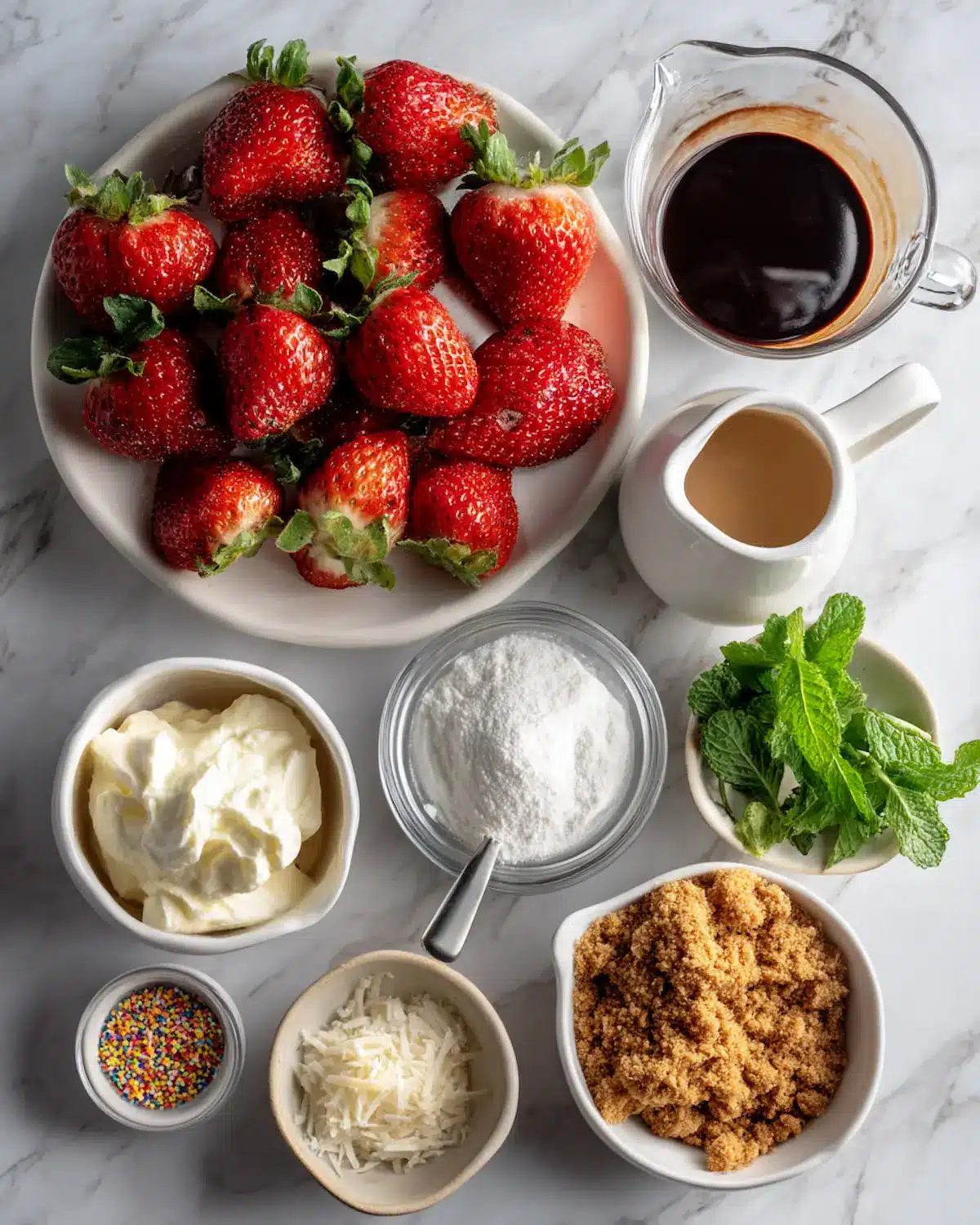 All the simple, fresh ingredients you need to make cheesecake deviled strawberries — including ripe strawberries, brown sugar, whipped cream cheese, and a sprinkle of coconut for a fun finishing touch.