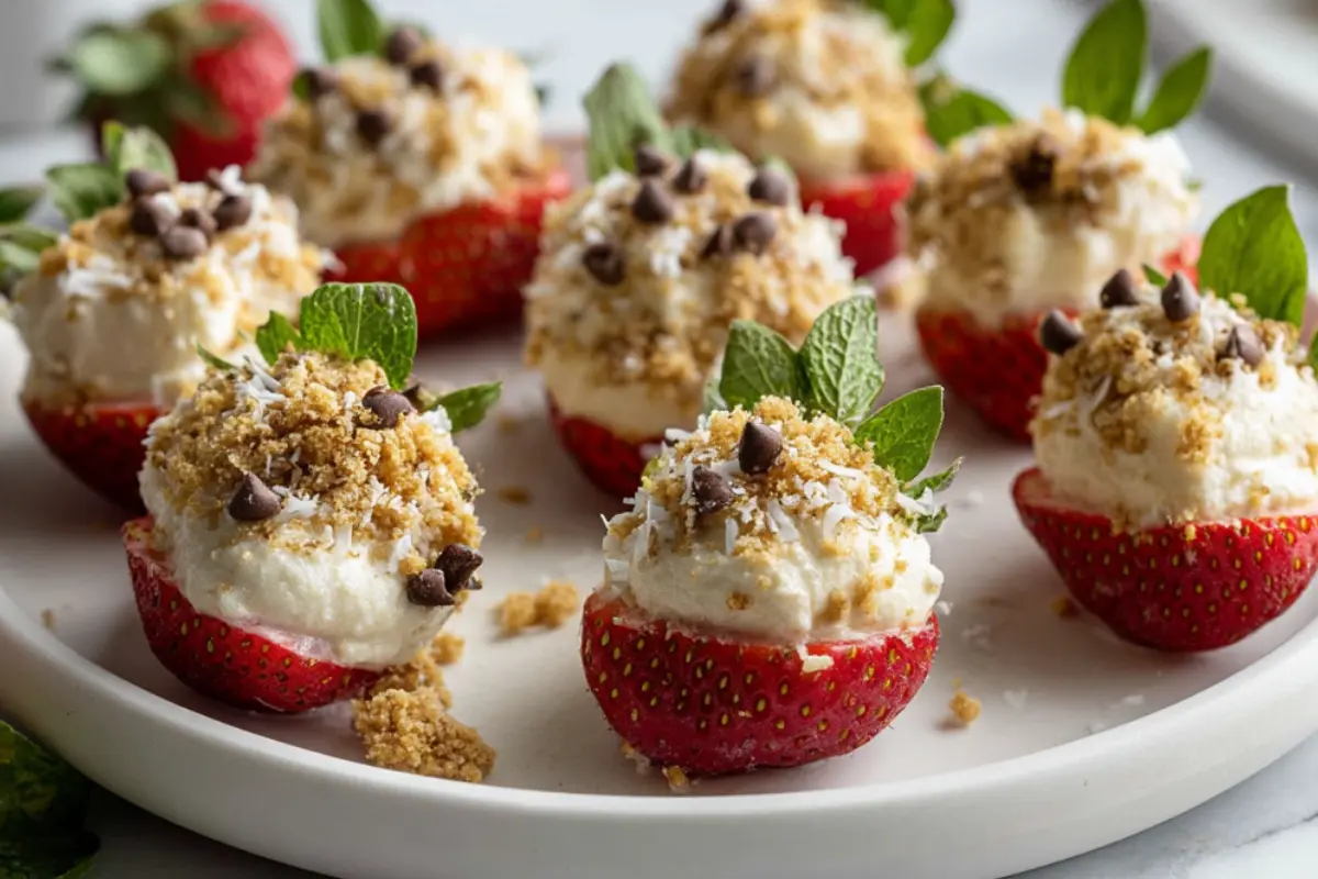 Cheesecake deviled strawberries, halved and filled with smooth, piped vanilla cheesecake filling