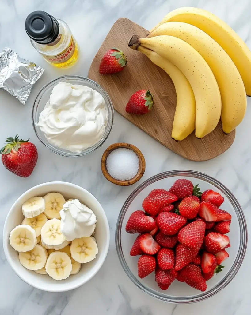 Flat lay of ingredients for strawberry banana cheesecake salad including cream cheese, yogurt, whipped topping, bananas, strawberries, vanilla extract, and sugar on a white marble surface