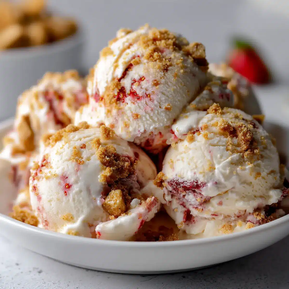 Homemade strawberry cheesecake ice cream with graham cracker crumbs in a white ceramic bowl