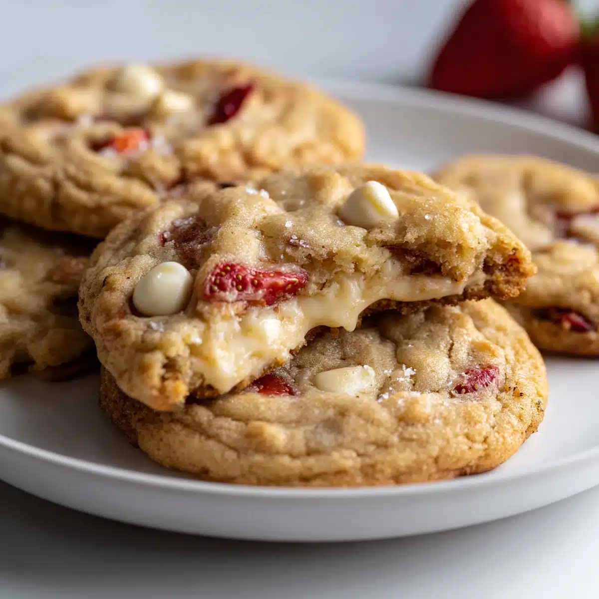 Close-up of soft and chewy strawberry cheesecake cookies with creamy cheesecake centers, white chocolate chips, and strawberries on a white plate.