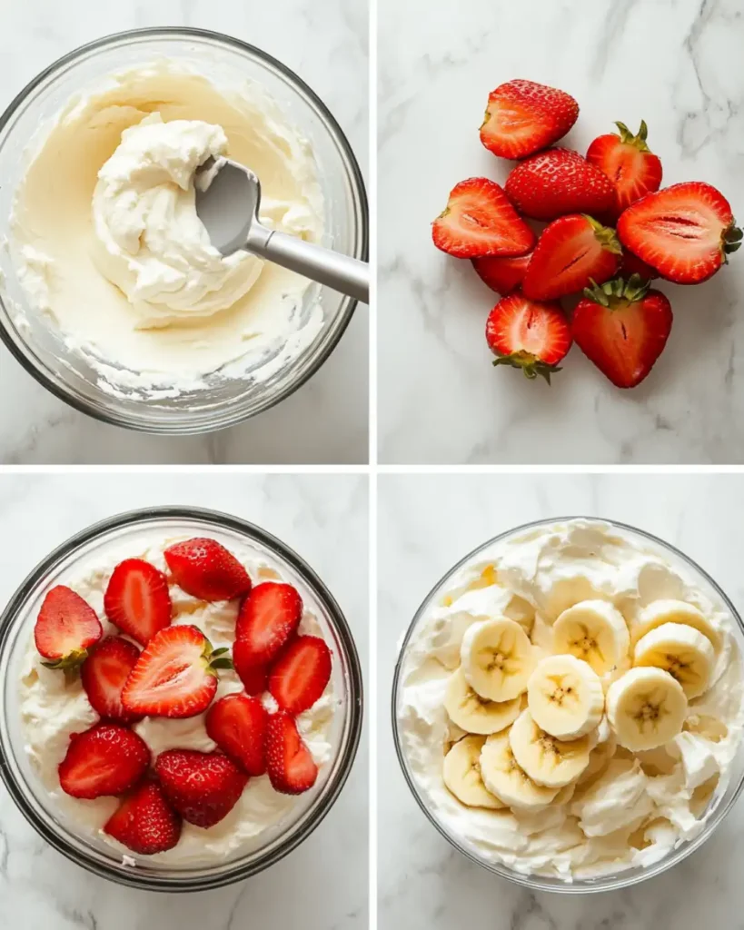 Four image collage showing how to make strawberry banana cheesecake salad: whipping base, adding yogurt, folding in topping, and mixing in fruit