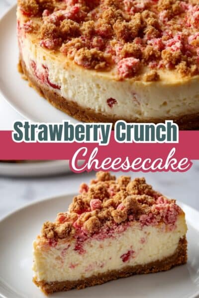 Close-up of a homemade Strawberry Crunch Cheesecake with a golden cookie crust, creamy cheesecake filling, and pink strawberry crumble topping. One full cheesecake and one plated slice shown — perfect for summer desserts, birthdays, or nostalgic treats.