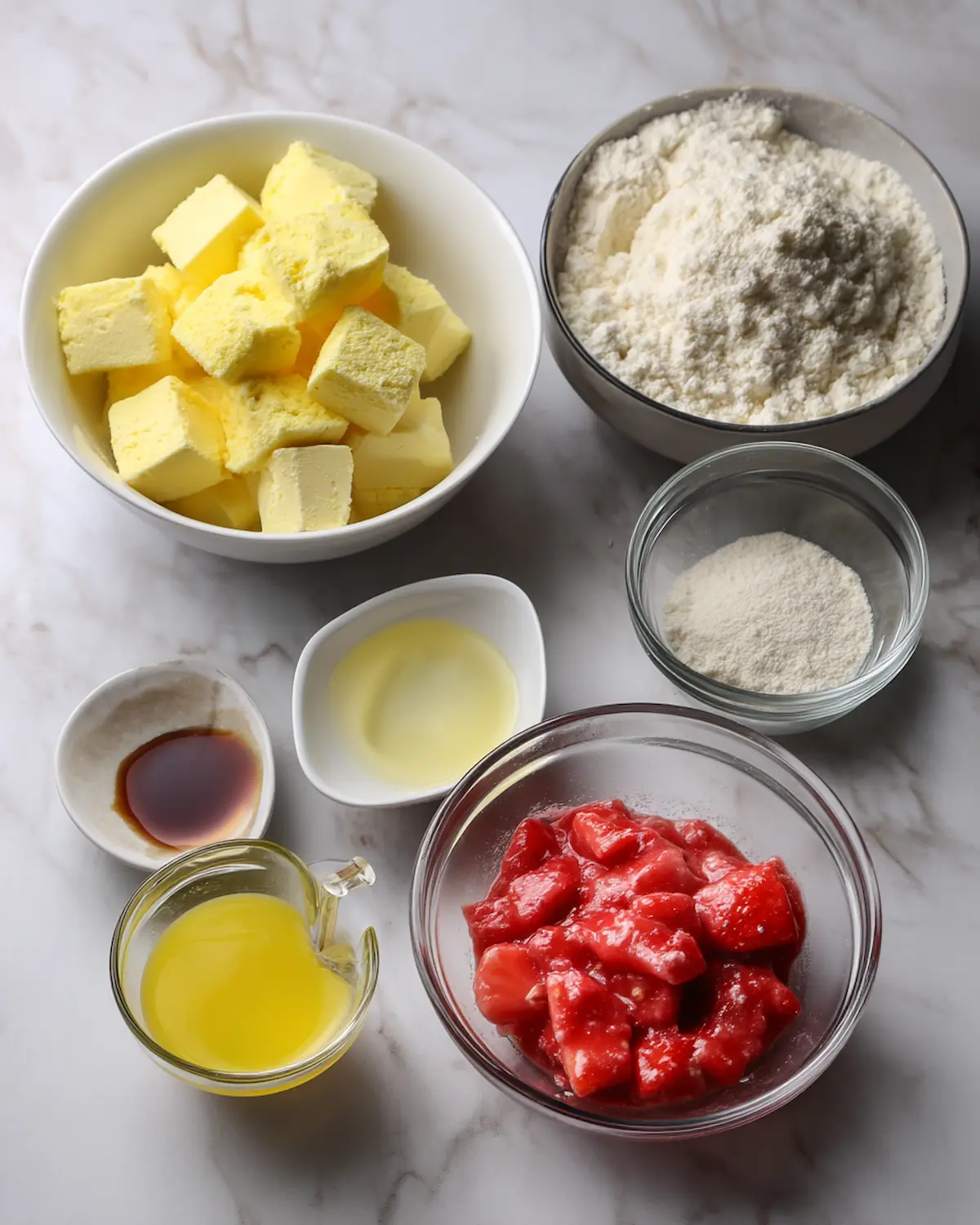 Flat lay of strawberry cheesecake dump cake ingredients including yellow cake mix, strawberry pie filling, cream cheese, melted butter, and vanilla extract on white marble