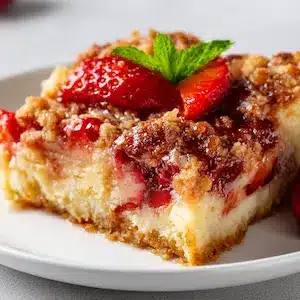 Close-up of strawberry cheesecake dump cake with golden buttery topping and creamy strawberry filling on a white ceramic plate