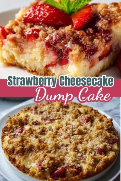 Strawberry cheesecake dump cake with golden topping and creamy strawberries on a white plate against a marble background