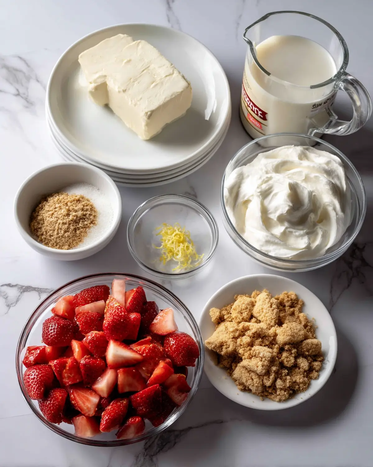 Flat lay of cream cheese, sweetened condensed milk, heavy cream, diced strawberries, vanilla, graham cracker crumbs, and lemon zest on white marble