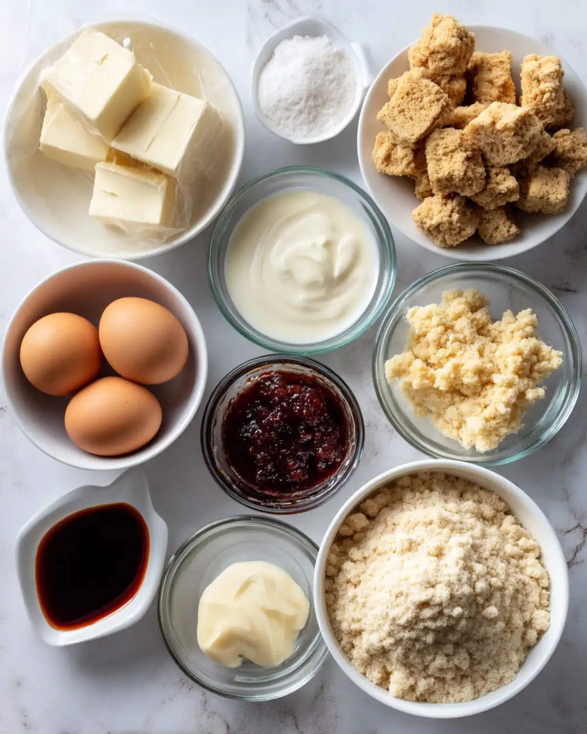 Flat lay of cream cheese blocks, eggs, sour cream, sugar, crushed vanilla wafers, butter, strawberry preserves, and Jell-O powder on a white marble surface.