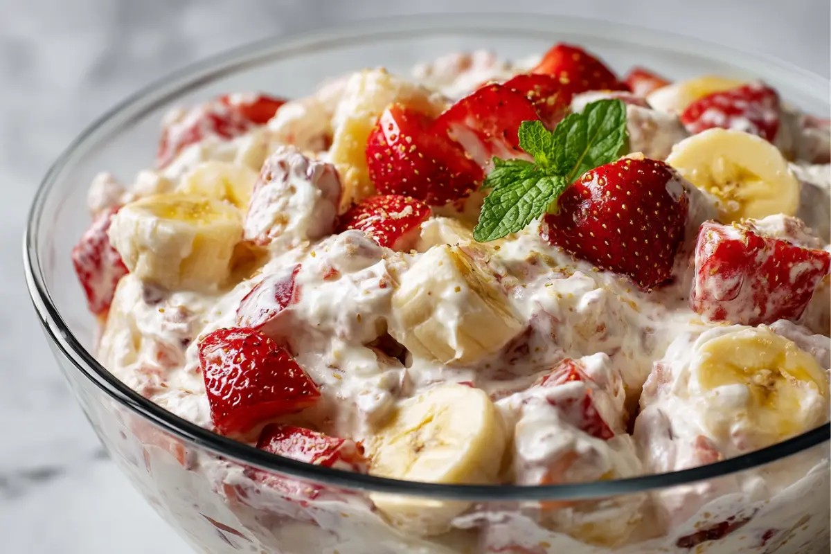 Close-up shot of strawberry banana cheesecake salad, served in a clear glass bowl