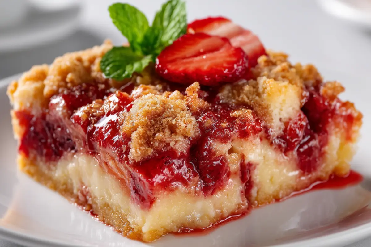Close-up shot of strawberry cheesecake dump cake served on a white plate