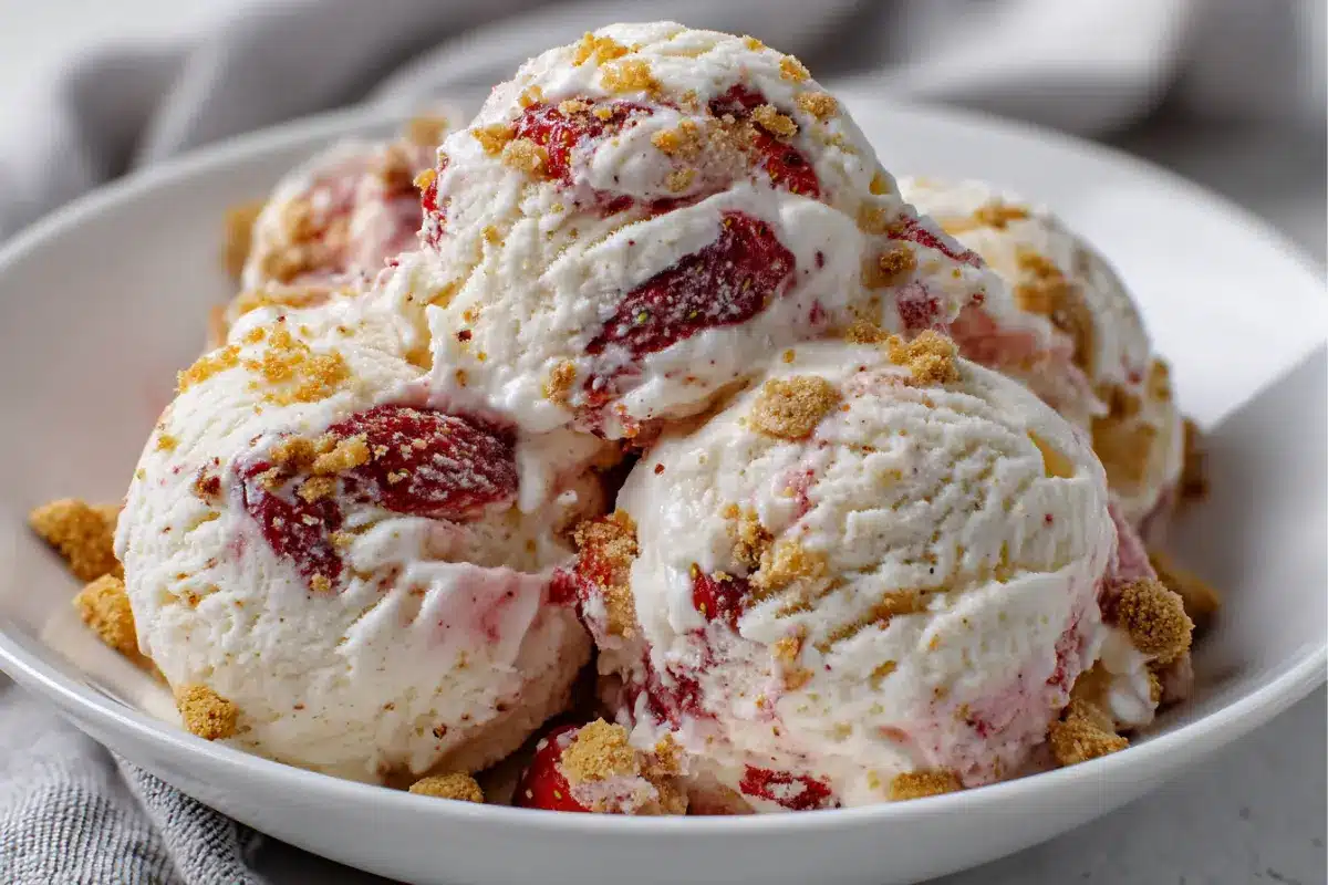 No-churn strawberry cheesecake ice cream served on a white plate