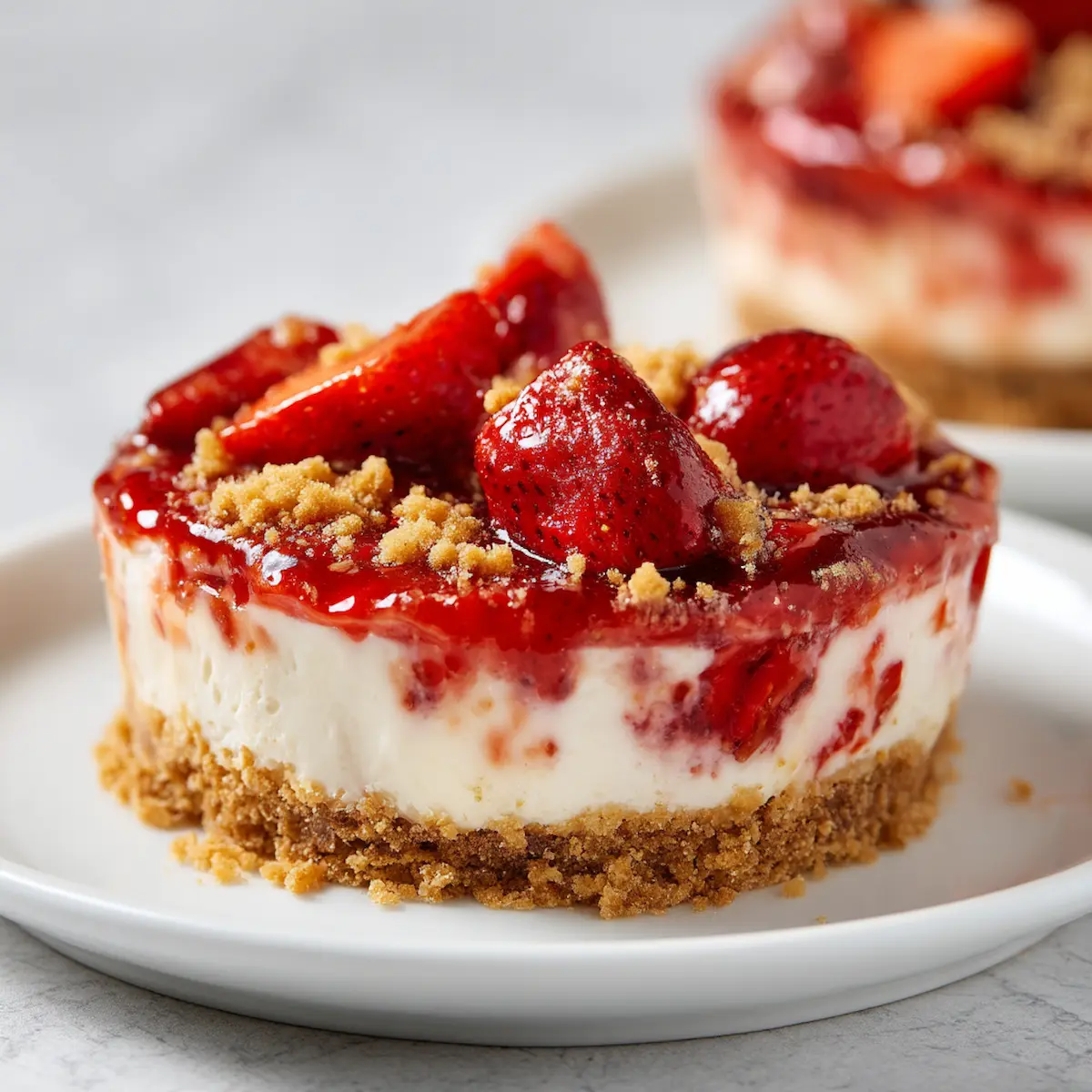 No bake strawberry cheesecake desserts served on a white plate