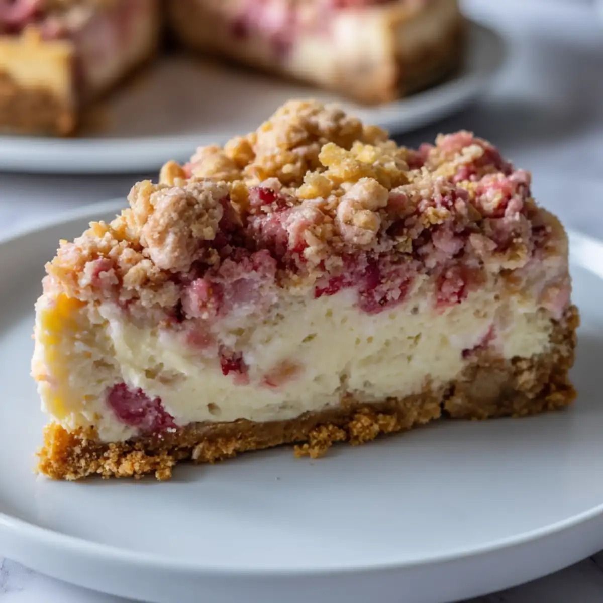 Close-up of a homemade strawberry crunch cheesecake on a white plate, topped with pink and white cookie crumble