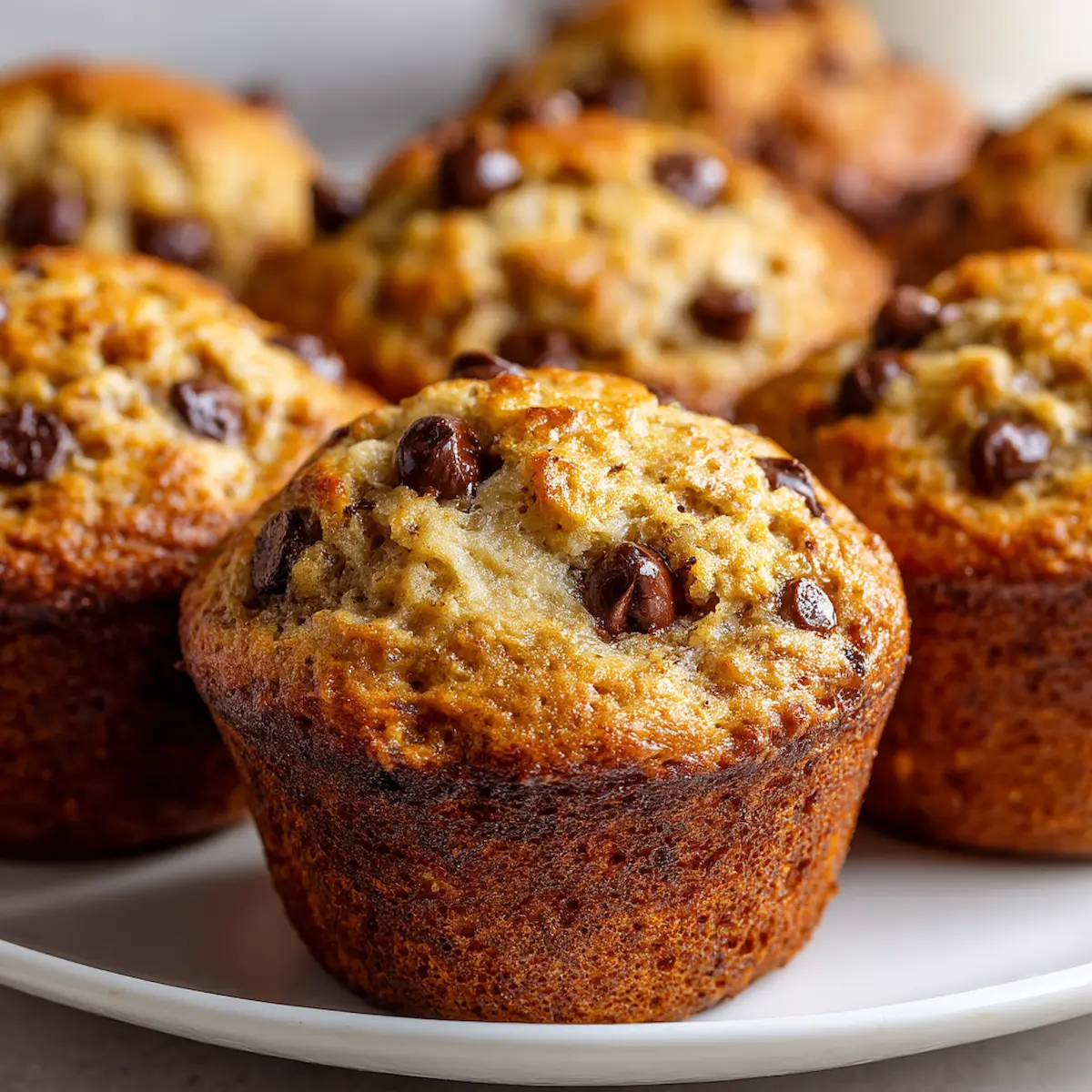 Close-up of moist banana muffins with cottage cheese with golden tops and melted chocolate chips on a white plate.