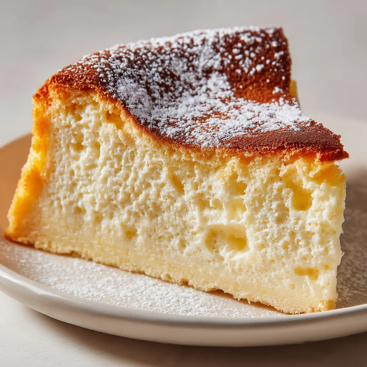 A close-up of a sliced portion of cloud cake on a white plate, showing its fluffy, custard-like interior and lightly golden top dusted with powdered sugar.