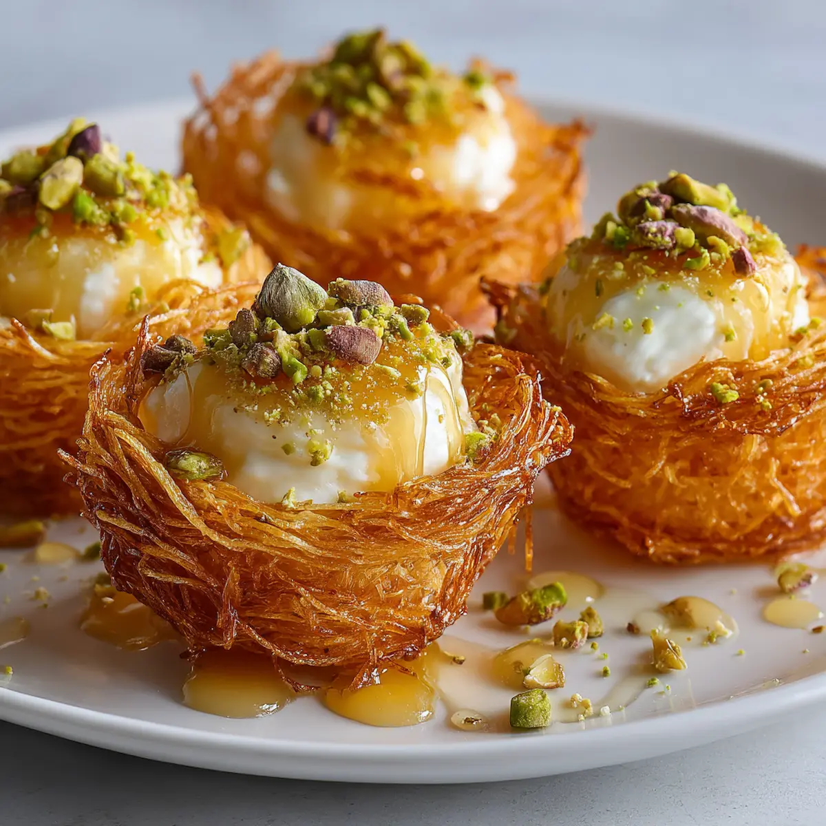 Close-up of golden kataifi pastry nests filled with creamy cottage cheese, topped with chopped pistachios and drizzled with honey, served on a white plate.