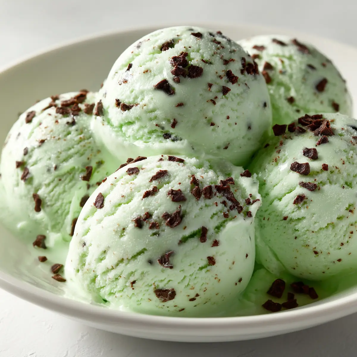 Close-up of Cottage Cheese Mint Ice Cream scooped onto a white plate, with glistening chocolate chips and a smooth pale green texture.