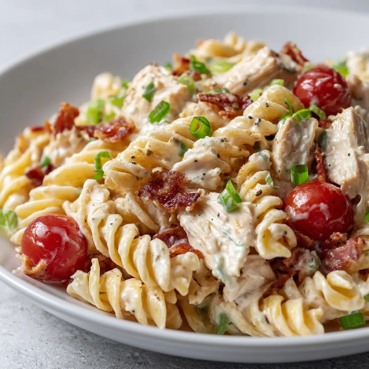 Close-up of creamy chicken bacon ranch pasta salad with rotini pasta, diced chicken, crispy turkey bacon, cherry tomatoes, shredded cheese, and green onions on a white plate
