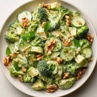 Close-up of creamy cucumber avocado broccoli salad with glossy dressing, avocado chunks, and fresh herbs on a white plate.