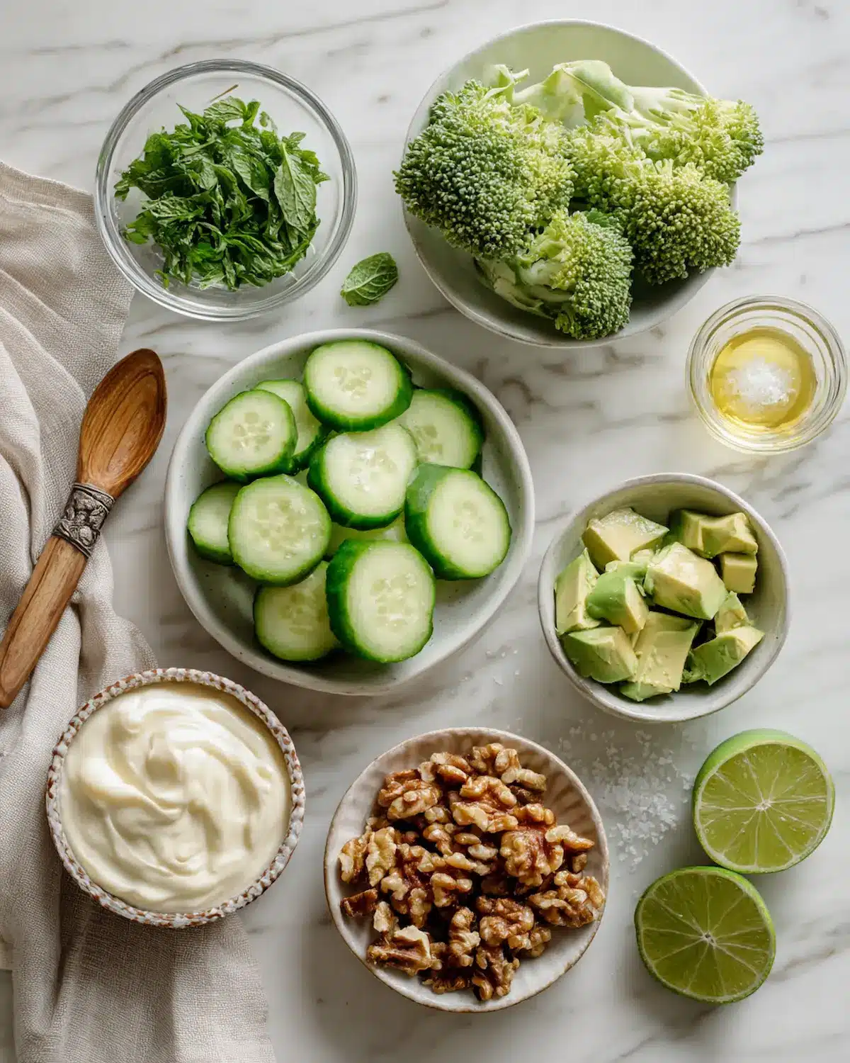 Creamy cucumber avocado broccoli salad ingredients