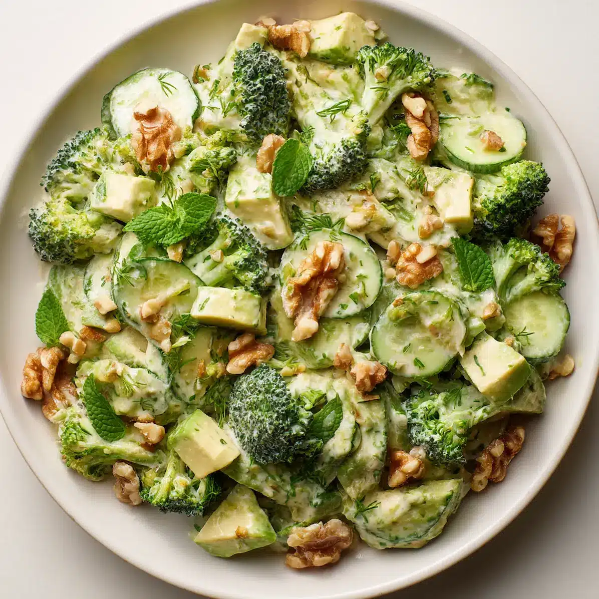 Close-up of creamy cucumber avocado broccoli salad with glossy dressing, avocado chunks, and fresh herbs on a white plate.