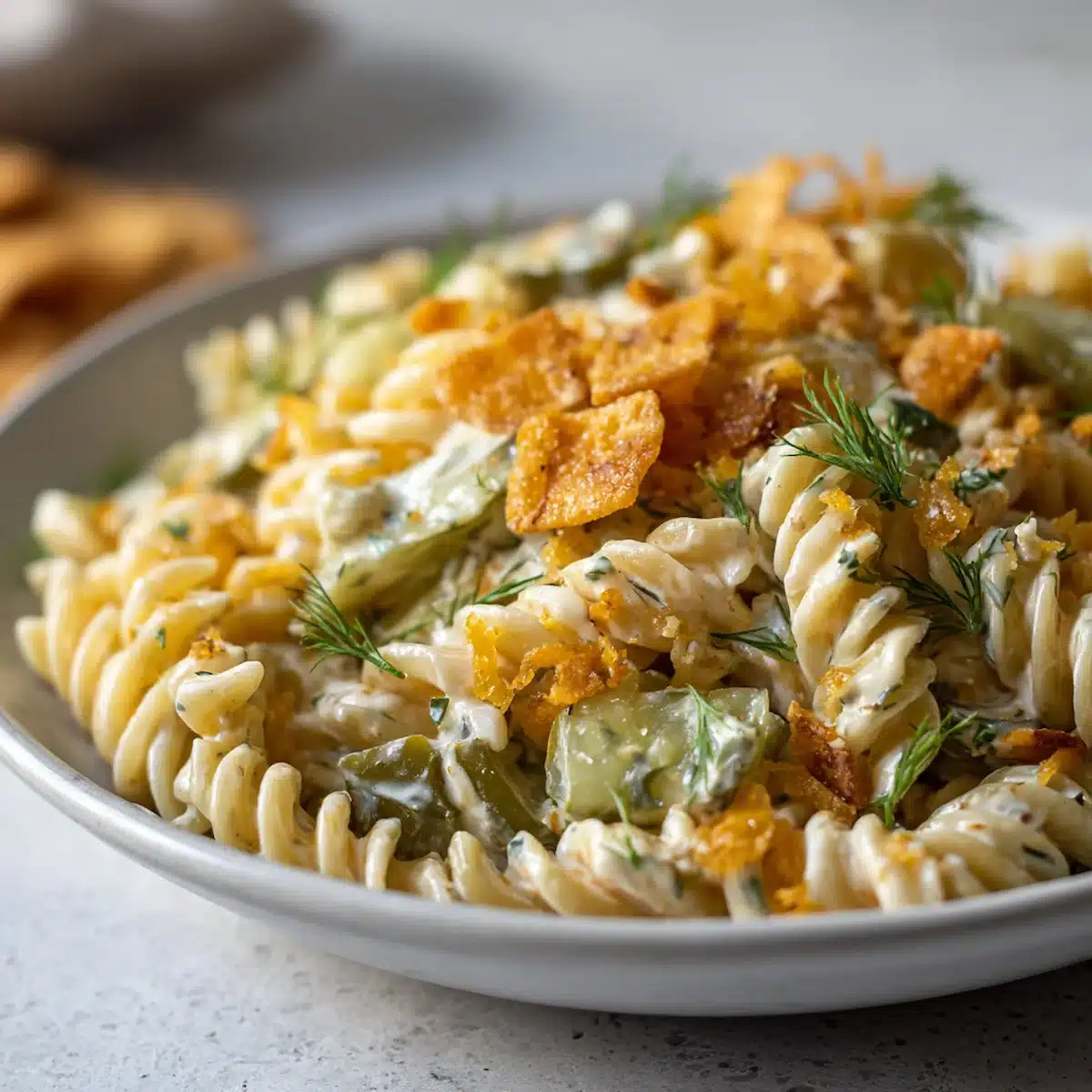 Close-up of creamy dill pickle pasta salad with rotini, chopped pickles, shredded cheese, and fresh dill on a white plate