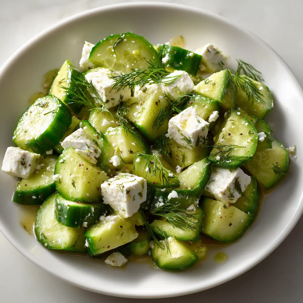 Close-up of cucumber avocado salad with cottage cheese on a white plate, featuring glossy avocado chunks, glistening cucumber slices, and specks of fresh dill.