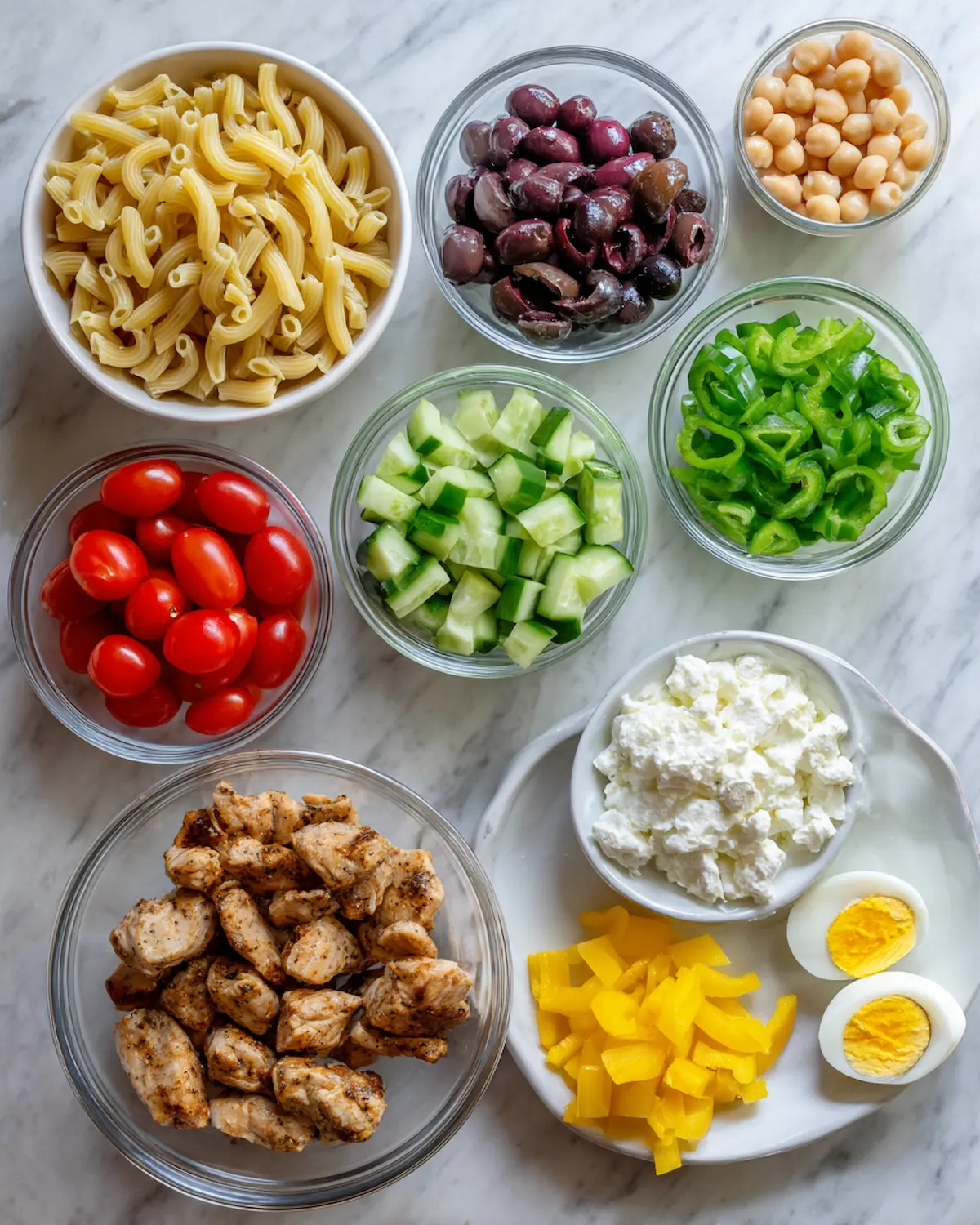 Top-down view of measured ingredients for high-protein pasta salad arranged on white Carrara marble, including dry protein pasta, sliced cucumbers, cherry tomatoes, kalamata olives, bell pepper, green onions, crumbled feta, grilled chicken, Greek yogurt dressing, and optional add-ins.
