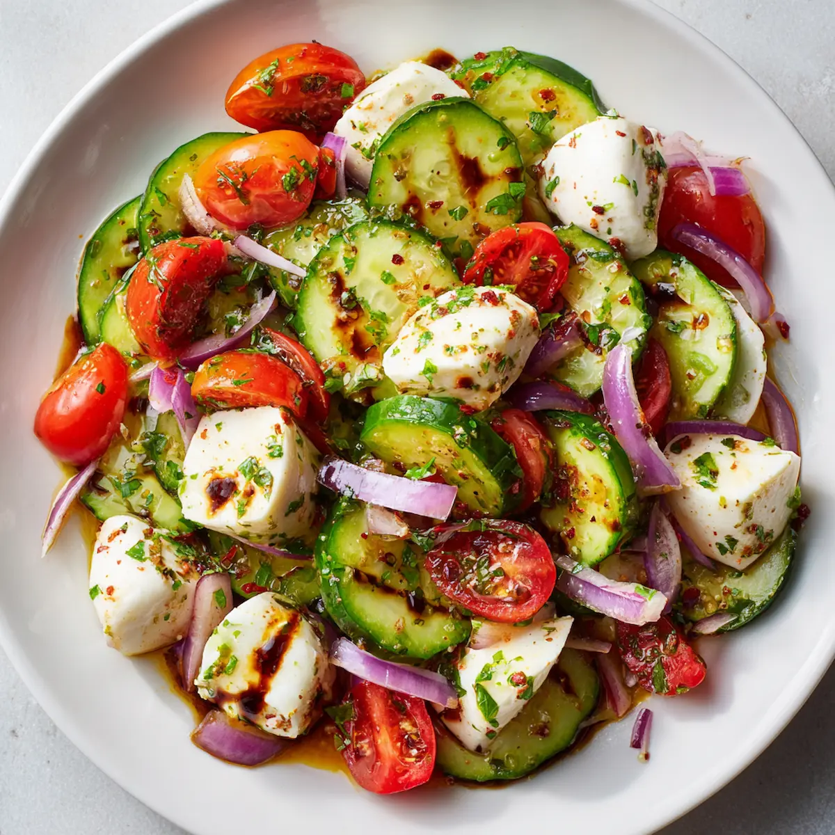 Fresh cucumber Caprese salad with cherry tomatoes, mozzarella, and red onion on a white plate.