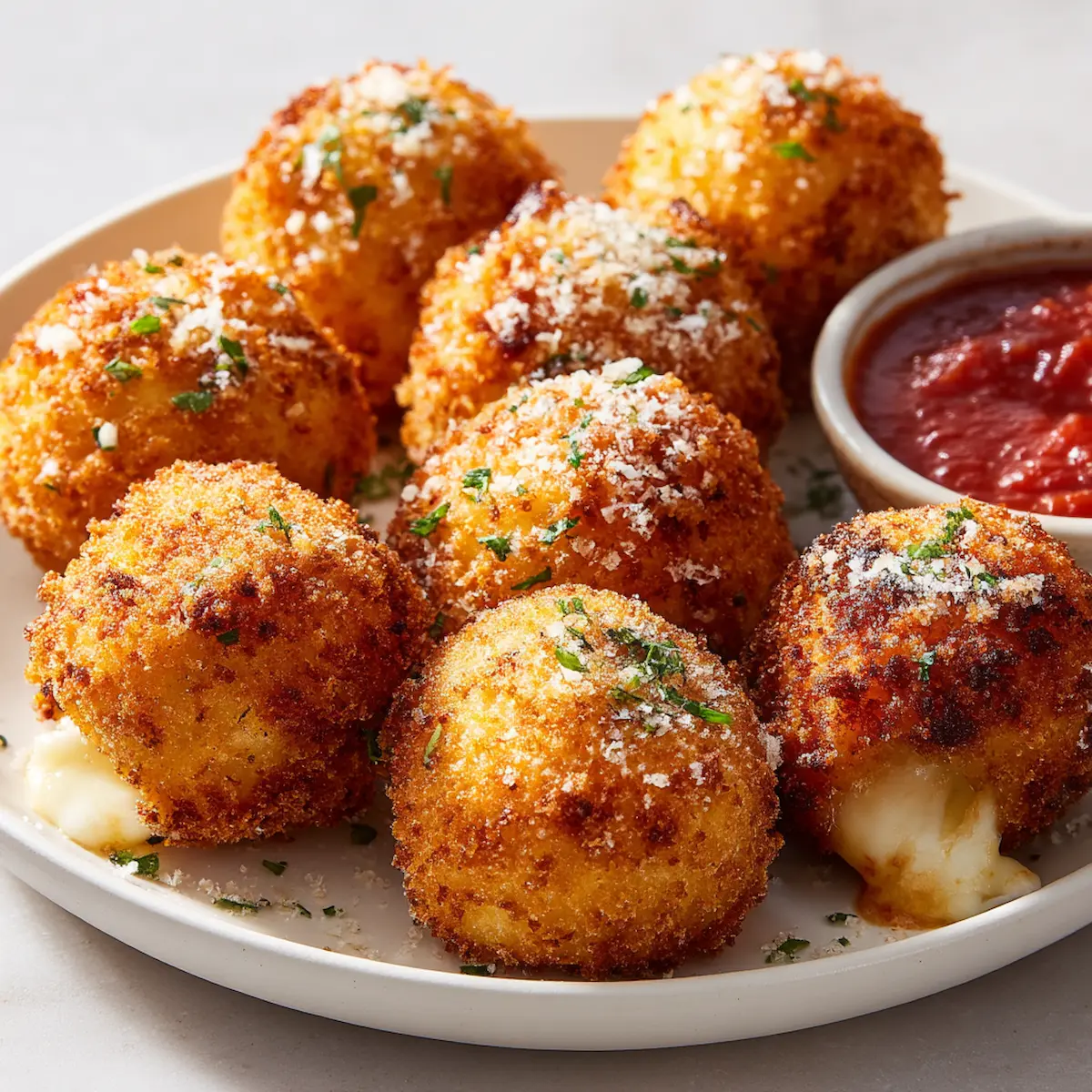 Close-up of Cheesy Garlic Parmesan Potato Balls on a white plate, one revealing gooey melted cheese inside, with marinara sauce on the side.