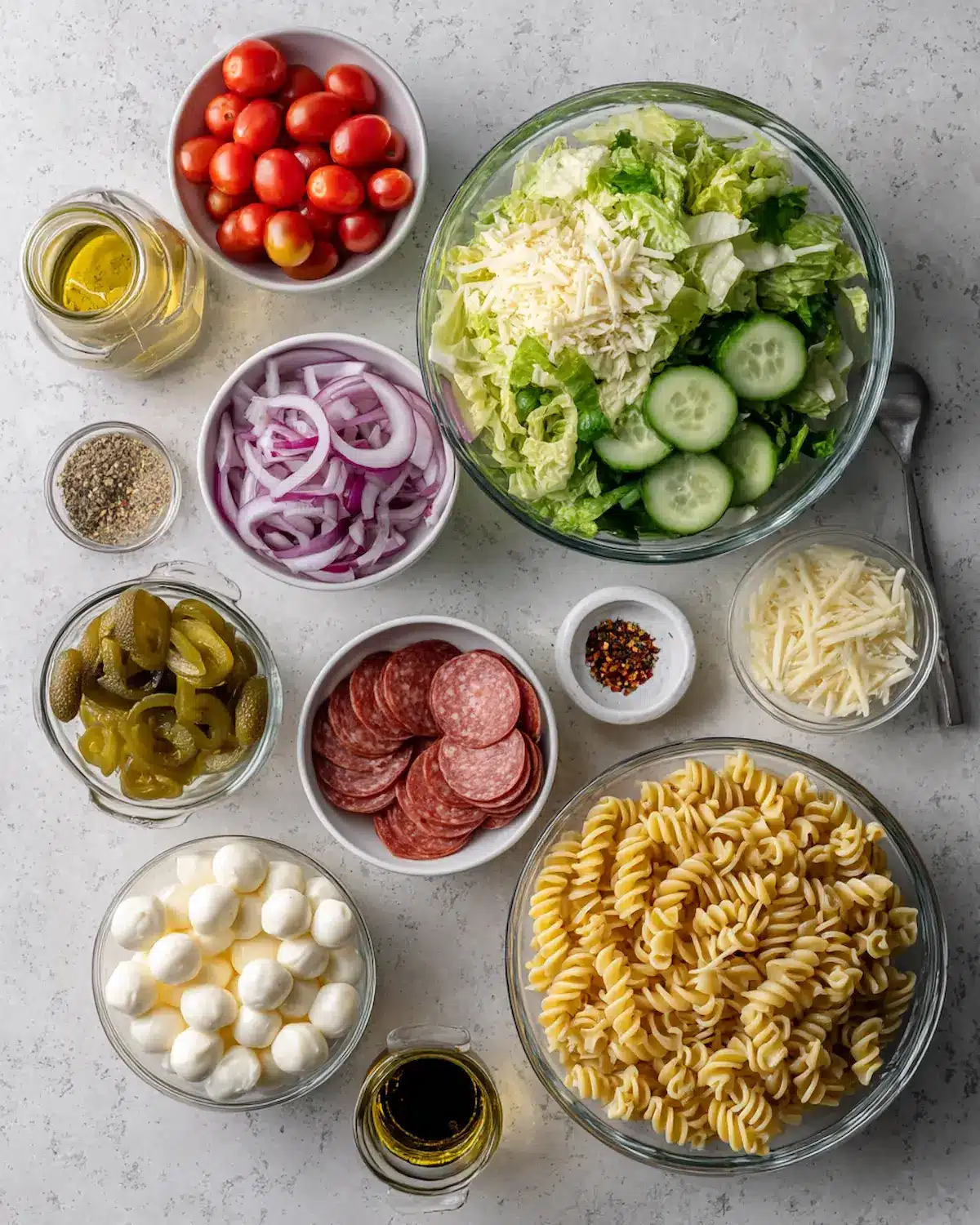Grinder Pasta Salad Ingredients Flat lay of grinder pasta salad ingredients
