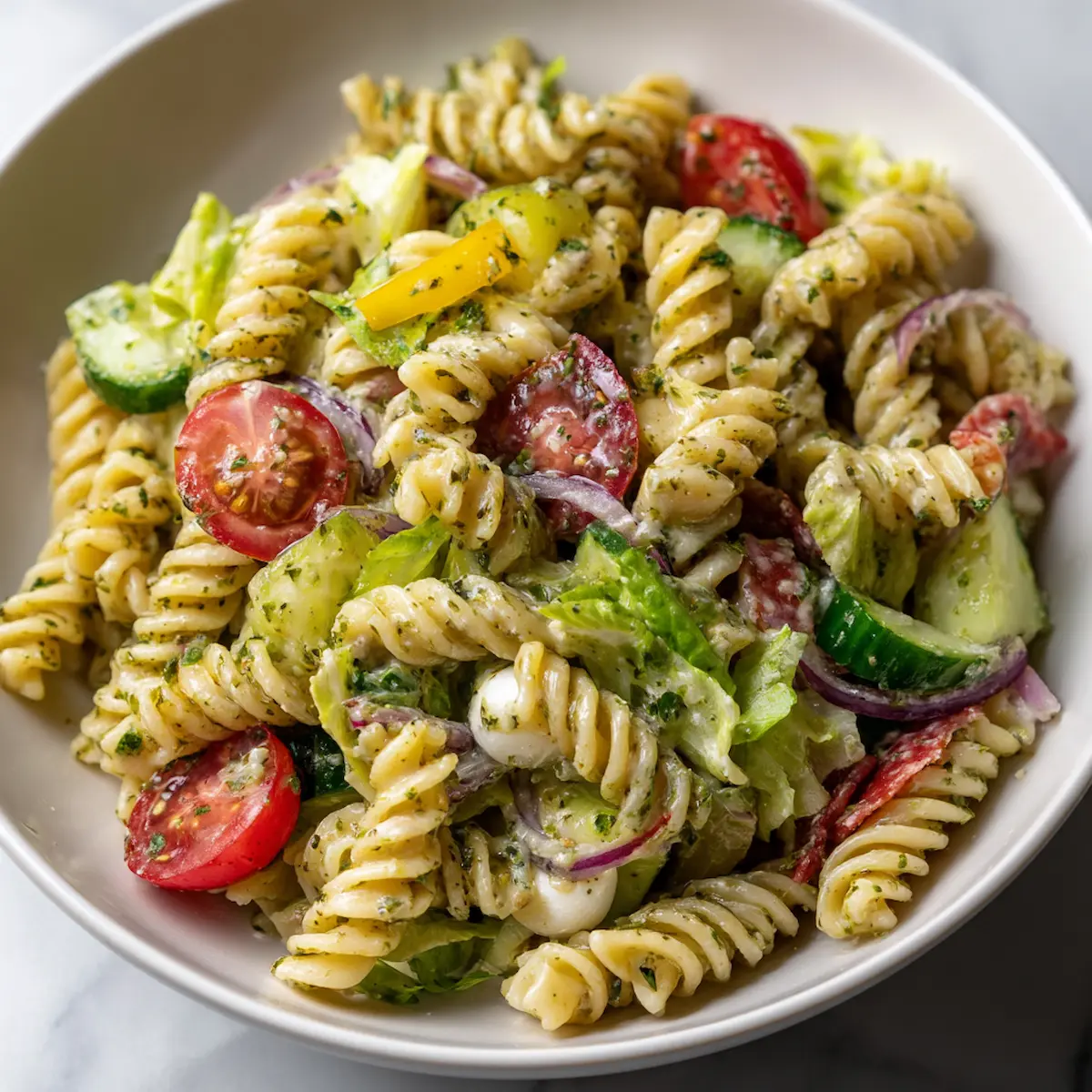 Close-up of grinder pasta salad with creamy-dressed rotini, deli meats, mozzarella pearls, crisp lettuce, and colorful vegetables on a white plate.