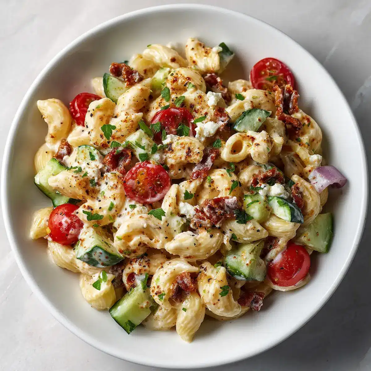 Close-up of a high-protein pasta salad with cherry tomatoes, cucumbers, feta, and salami, coated in a creamy Greek yogurt dressing on a white plate.