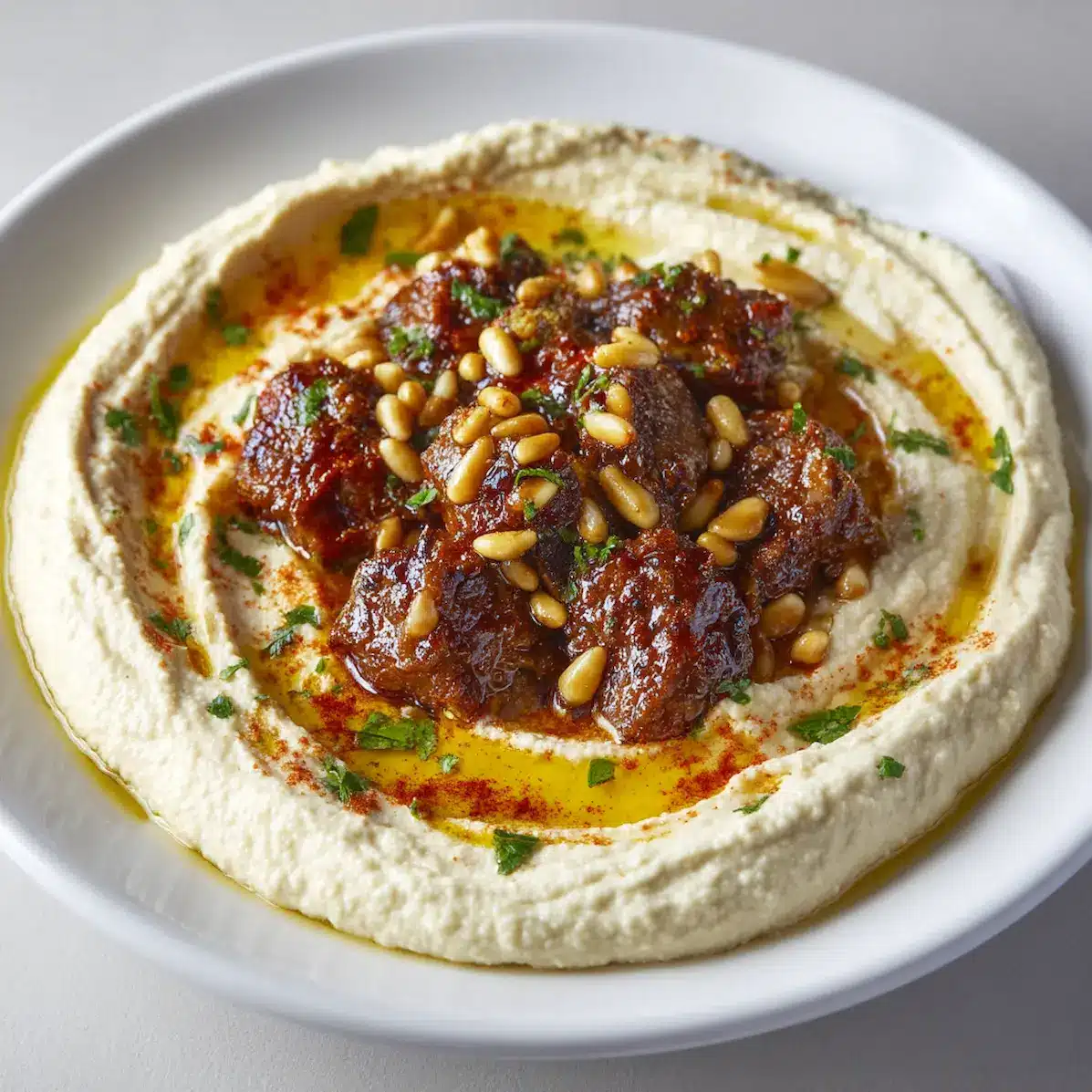 Close-up of hummus bil lahme on a white plate, featuring creamy hummus topped with spiced lamb and golden pine nuts, drizzled with olive oil and garnished with parsley.