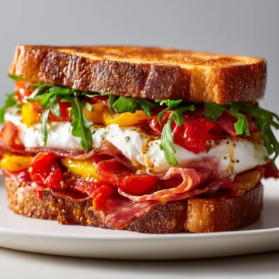 A thick Italian sandwich on toasted sourdough, layered with creamy burrata, salami, roasted red peppers, and fresh greens.