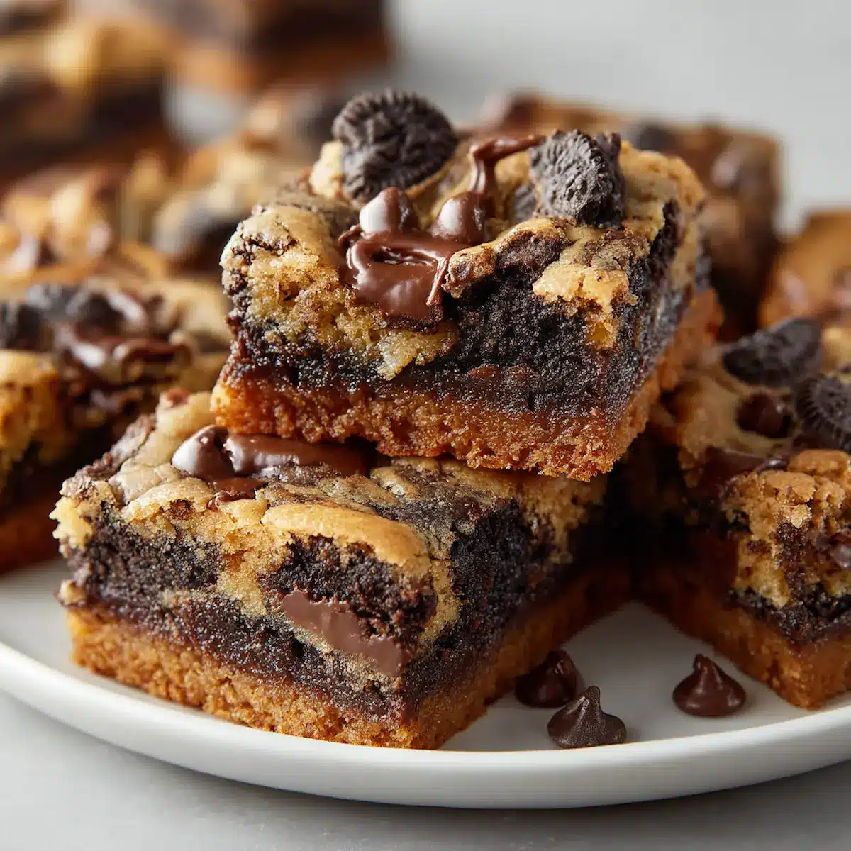 Close-up of gooey brookie bars swirled with brownie and cookie layers, topped with crushed Oreo pieces, served on a white plate.