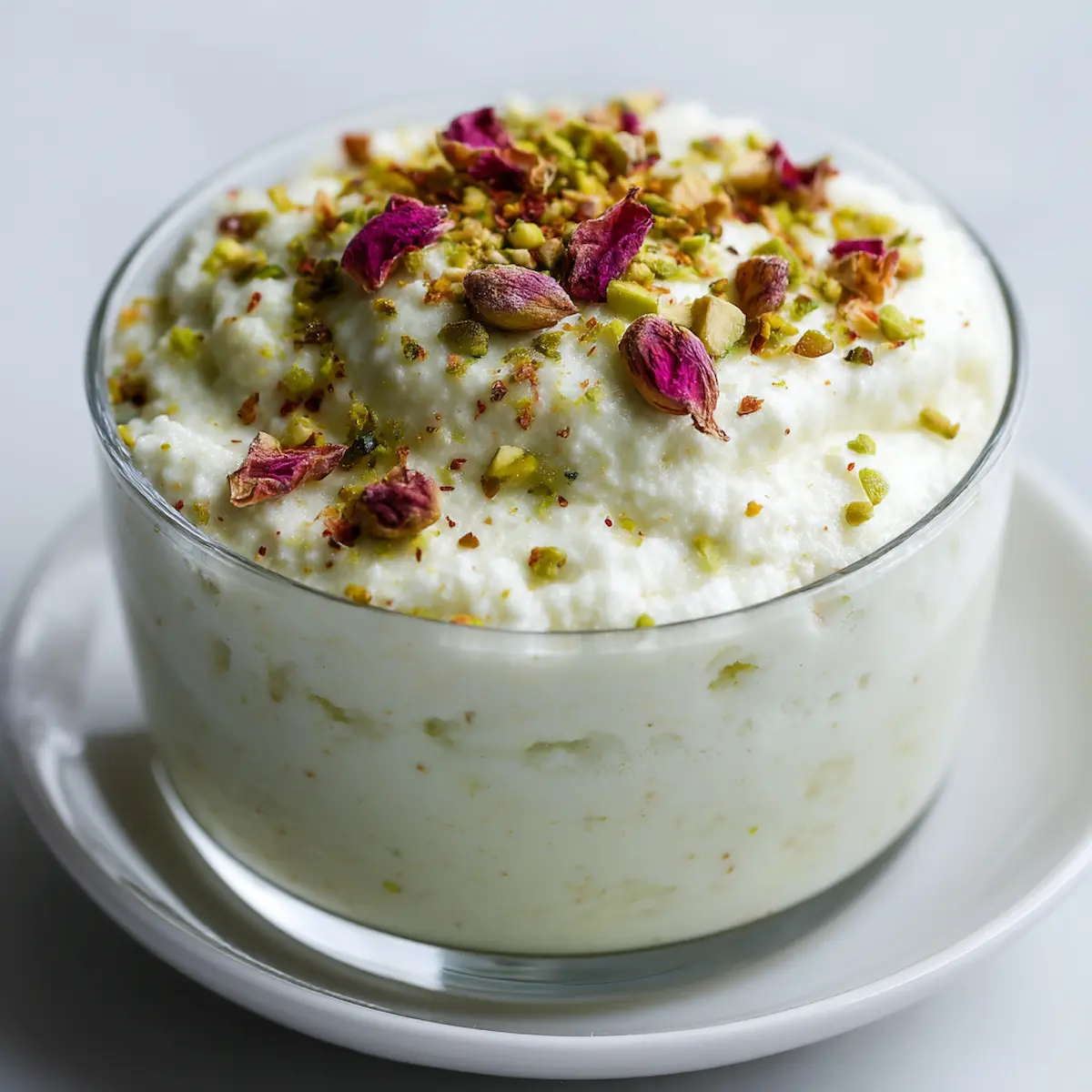 Pistachio Rosewater Cottage Cheese Mousse Served in a Glass Ramequin