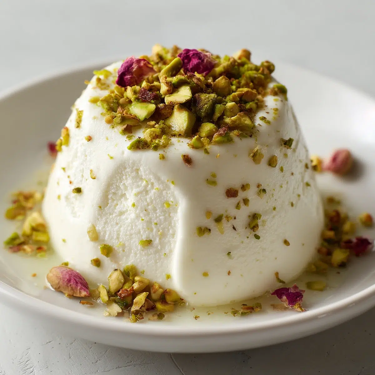 Close-up of a pistachio rosewater cottage cheese mousse topped with crushed pistachios and dried rose petals, served in a glass ramekin on a white plate.