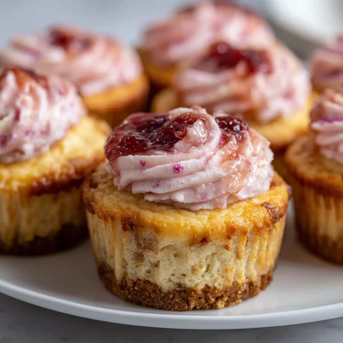 Close-up of strawberry cheesecake cupcakes with graham cracker crusts, topped with either glossy strawberry sauce or pink cream cheese frosting, served on a white plate.