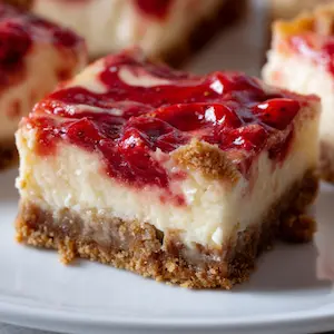 Close-up of strawberry cheesecake bars with swirled berry topping and graham cracker crust on a white plate.
