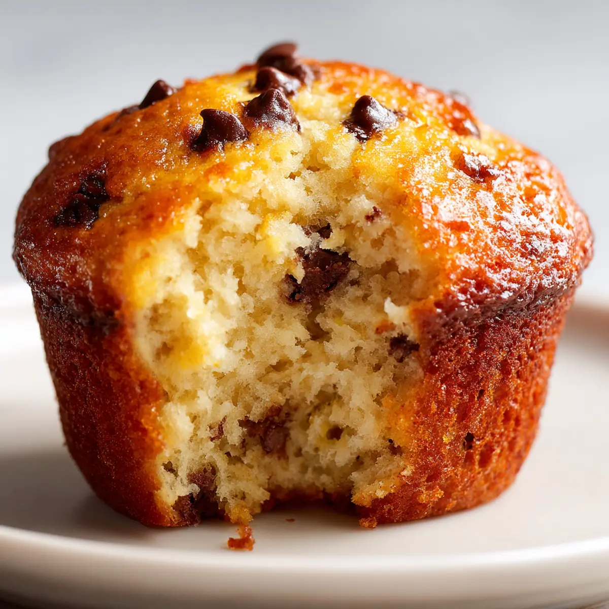 banana cottage cheese muffins Close-up of moist banana cottage cheese muffin with a bite taken, showing soft interior and melted chocolate chips on a white plate.