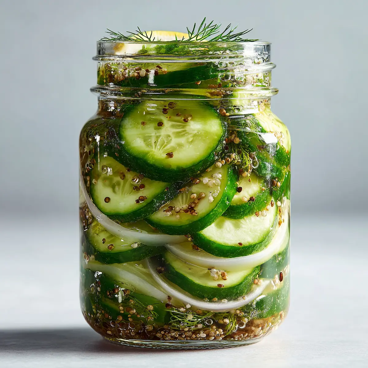 Mason jar filled with fresh pickled cucumber salad—thin cucumber and onion slices glistening in a vinegar brine, garnished with dill and lemon.