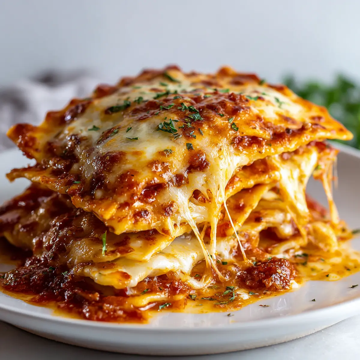 Easy Crockpot Ravioli Lasagna Recipe close-up with melty mozzarella and rich marinara layered over cheese ravioli on a white plate.