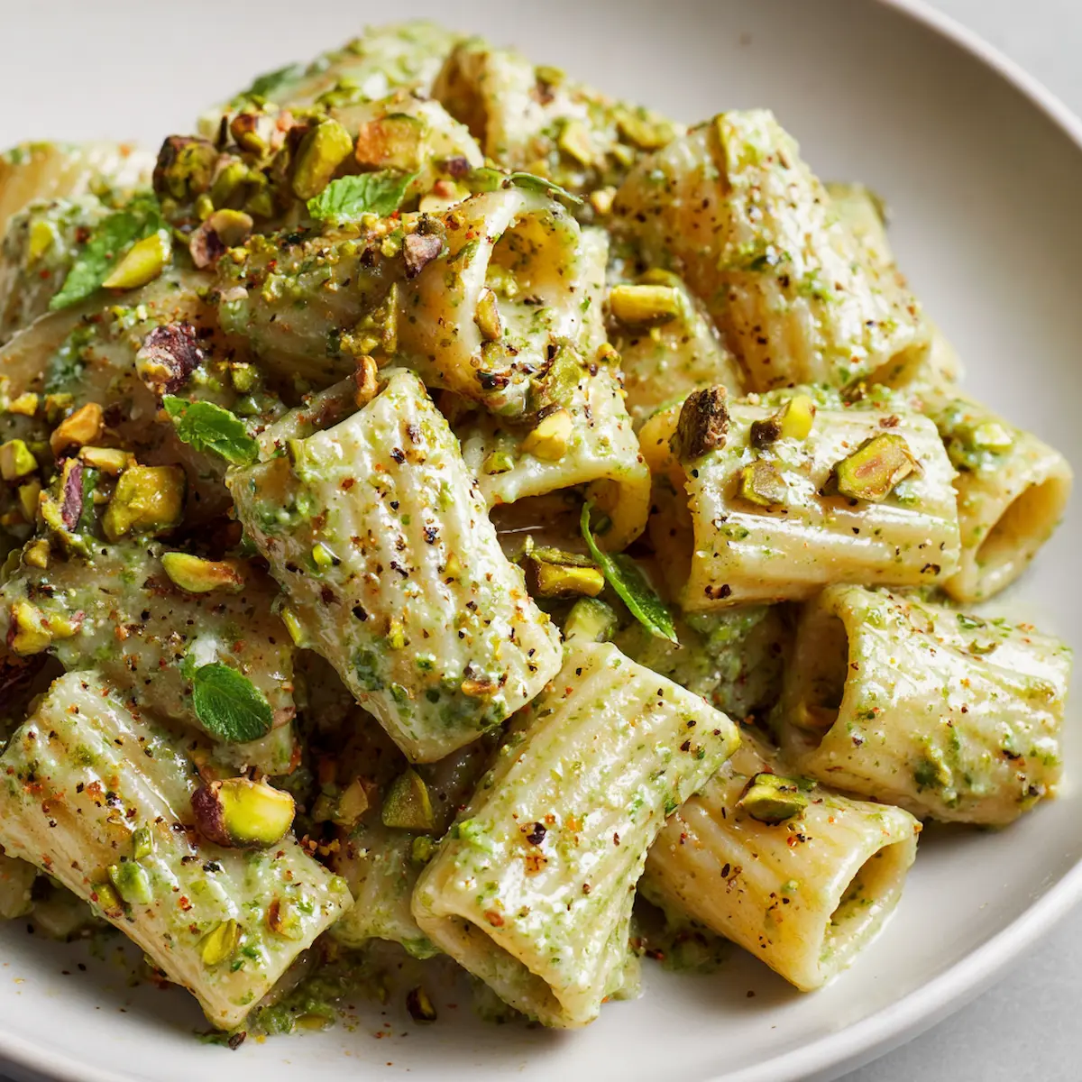 Close-up of creamy pistachio butter pasta with basil and Parmesan on a white plate