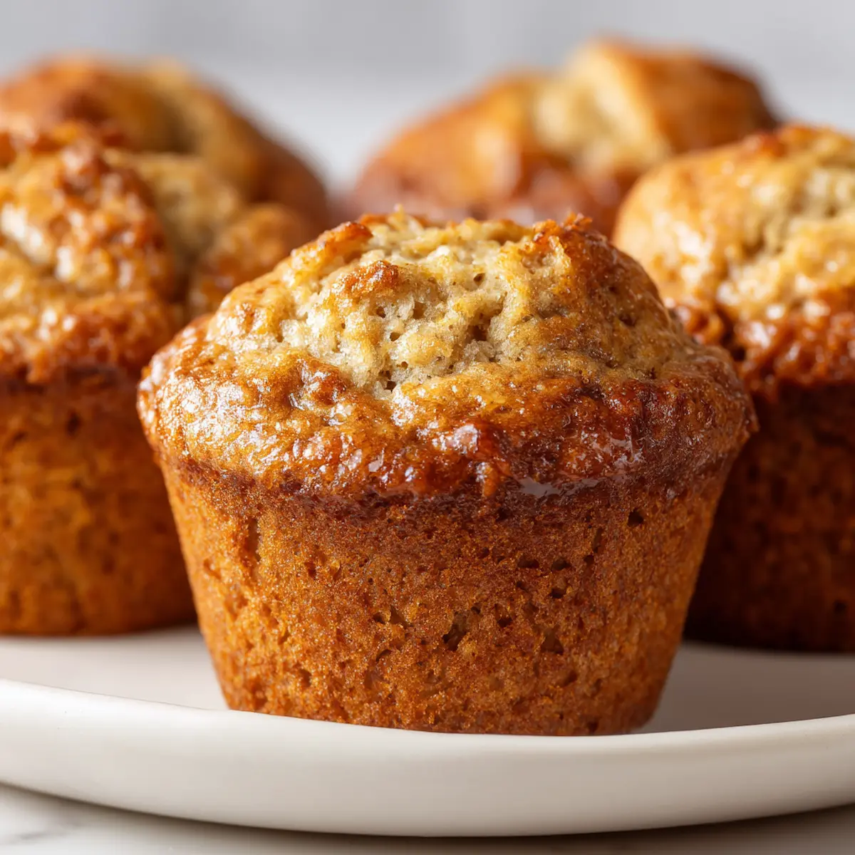 High protein banana cottage cheese muffins with golden tops and fluffy interiors on a white plate.