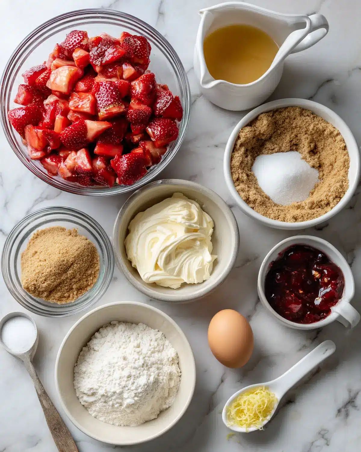 flat lay of strawberry cheesecake bar ingredients