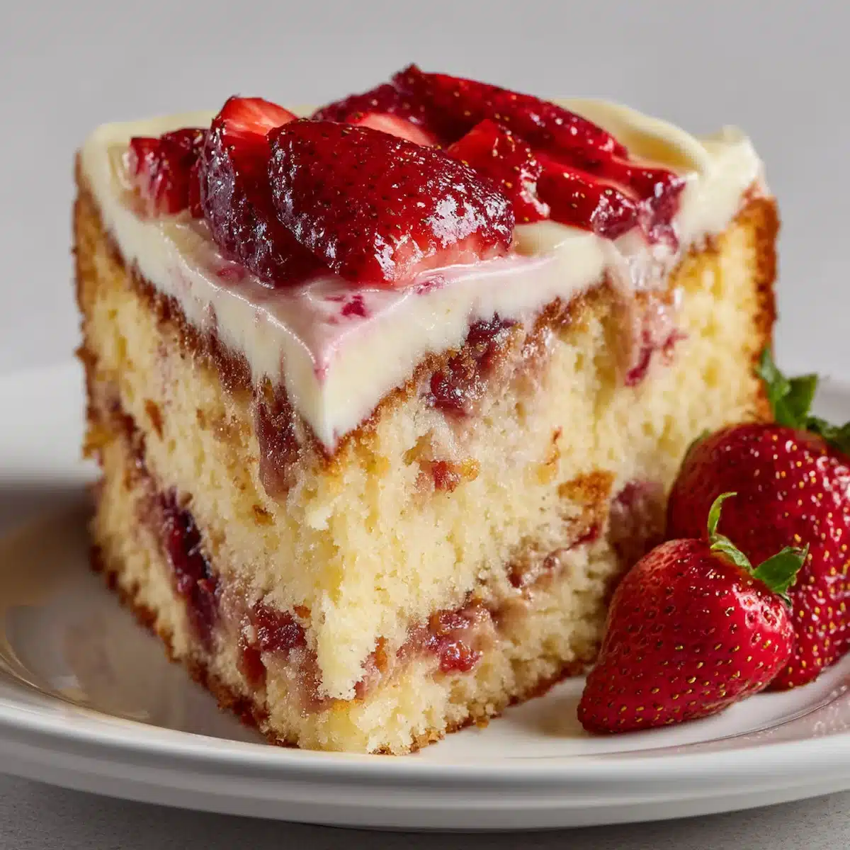 Close-up of strawberry cheesecake cake with creamy swirls, fresh strawberries, and strawberry frosting on a white plate.