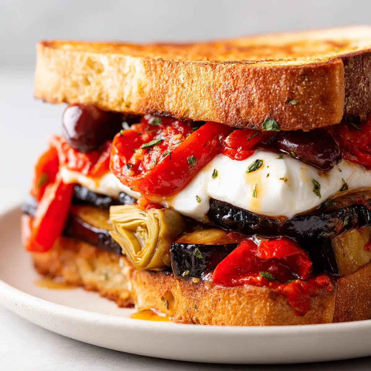 vegetarian Italian sandwich on toasted sourdough, filled with creamy burrata, grilled eggplant, roasted red peppers, marinated artichokes, and chopped olives.